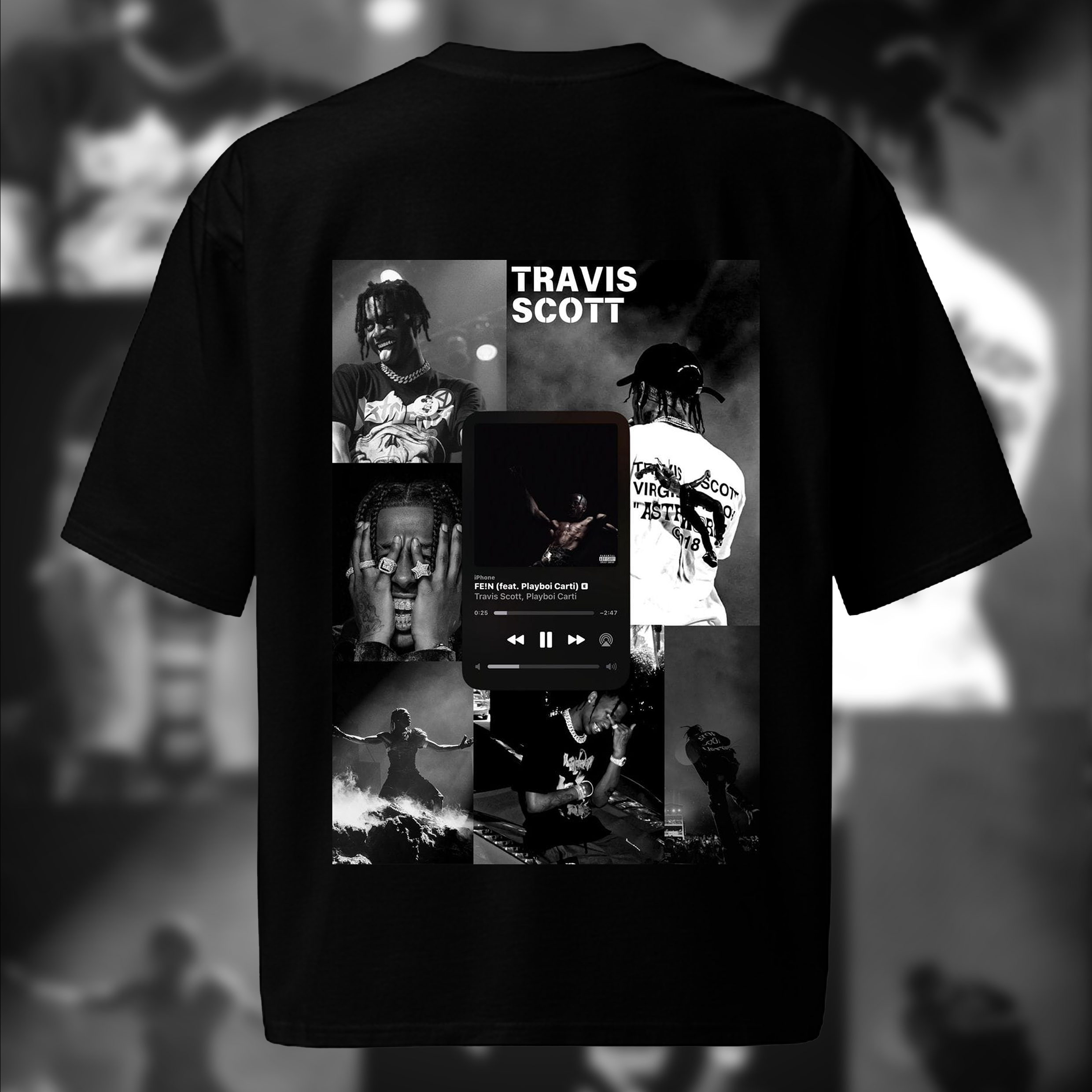 Travis Scott FE!N Concert Collage Oversized Tee – Black Cotton